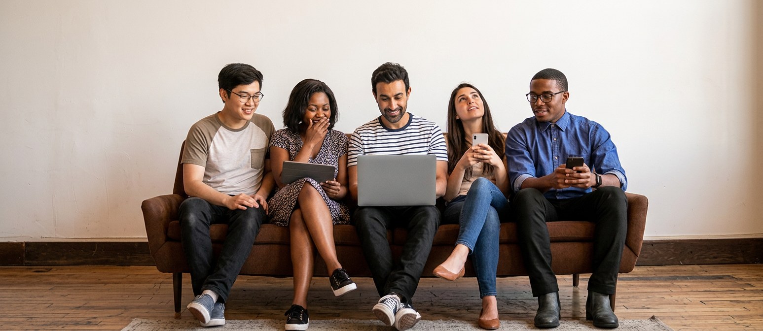 Group of friends sitting on a couch looking at their phones and laptop together